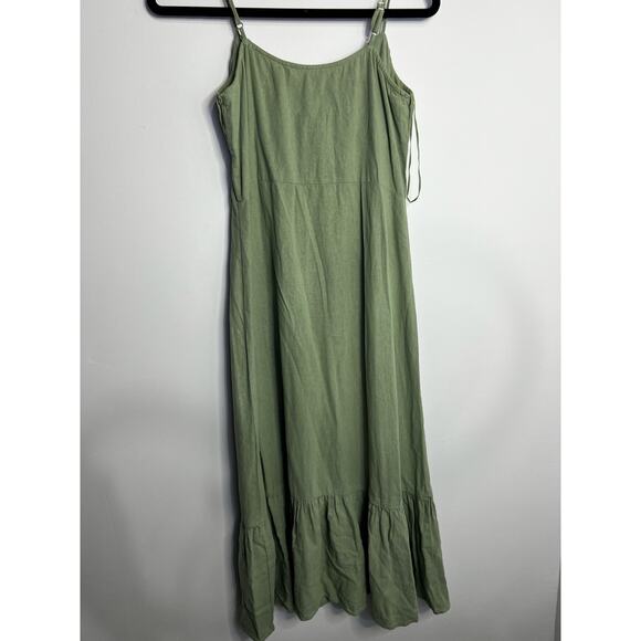 Zara New Size L Green Khaki Linen Blend Ruched Bodice Button Down Midi Dress - Picture 5 of 6